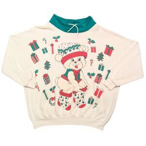 Vintage Christmas, Holiday Sweatshirt with Teddy Bear Christmas Graphics Size M